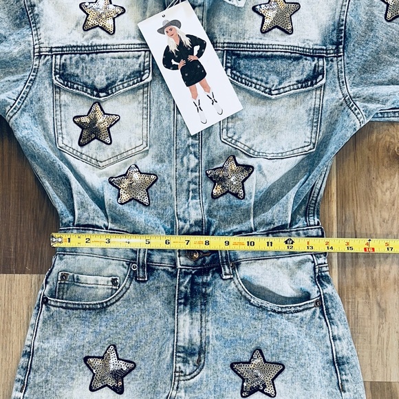 New Buddy Love Denim Dress. Raelynn style with Sequin stars, Mini, Raw edge hem - Picture 9 of 14